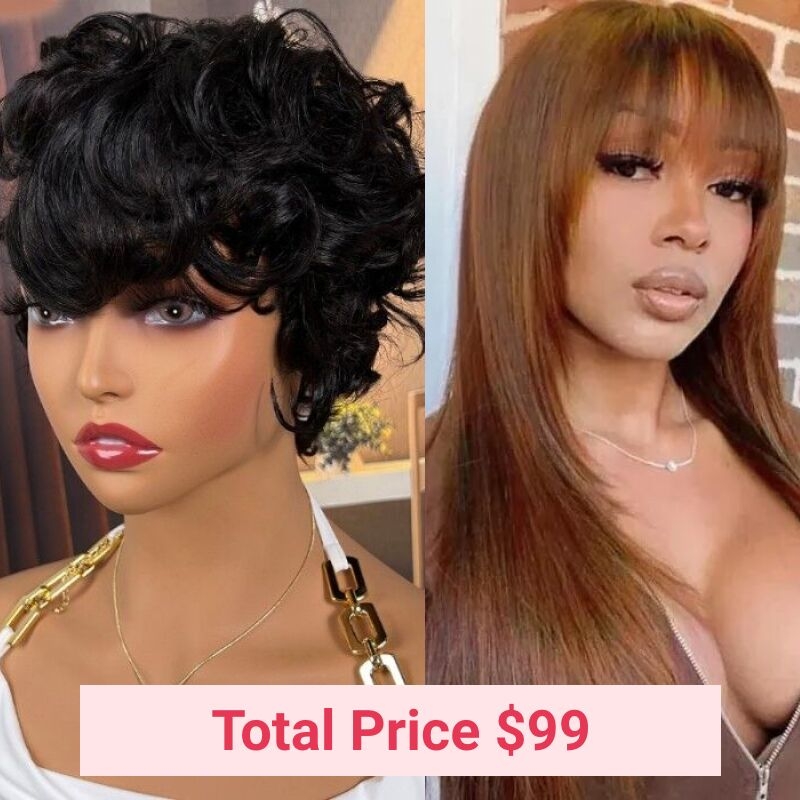 

Nadula Whatsapp 2 Wigs Dark Brown #4 Color Straight Glueless Layer Cut Wig & Loose Curly Pixie Cut Wig Short Side Part Human Hair Wigs