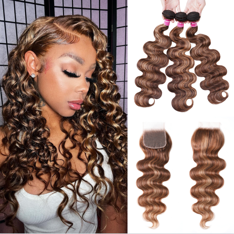 

Nadula Body Wave 3 Bundles Hair Weave With 4*4 Inch Lace Closure Piano Honey Blond Highlight Brown Color Unprocessed Hair