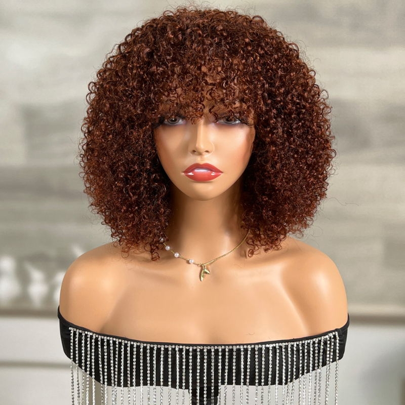 

Nadula Flash Deal Glueless Reddish Brown Bob Curly Wig With Bangs Upgrade Rose Net Cap