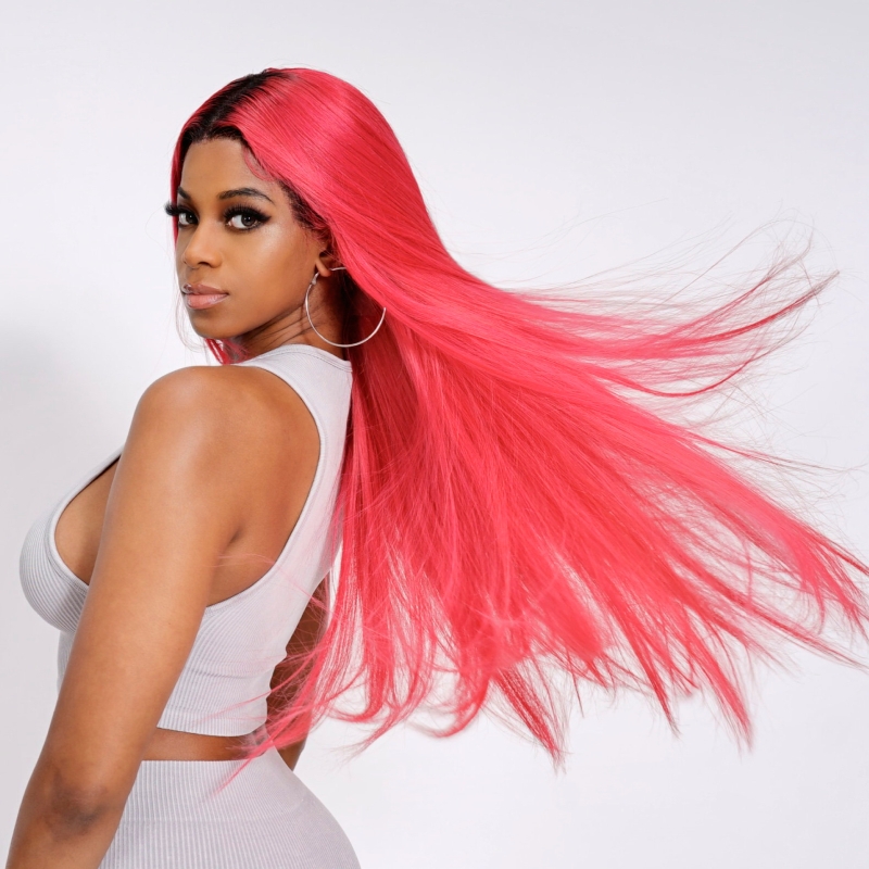 

Nadula 13x4 Ombre Straight Lace Frontal Wig Pink Ombre Colored Human Hair Wigs with Natural Black Roots