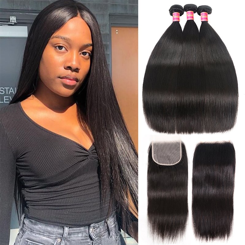 

Nadula Straight Hair Weave 3 Bundles With Lace Closure Soft Silk Unprocessed Virgin Human Hair