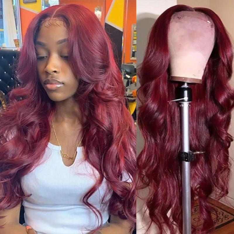 

Nadula Burgundy T Part Lace Wig 4x0.75 99J Body Wave Wig Swiss Lace Part Human Hair Wigs Pre-plucked with Baby Hair