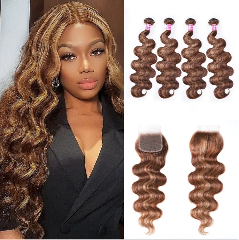 

Nadula Body Wave 4 Bundles Hair Weave With Lace Closure Honey Blonde Highlight Color Unprocessed Human Hair