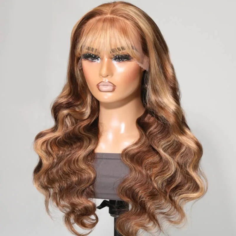 

Nadula Honey Blonde 150% Density And 180% Density Body Wave Lace Front Wigs Shadow Root Highlight Human Hair Wigs With Bangs For Women
