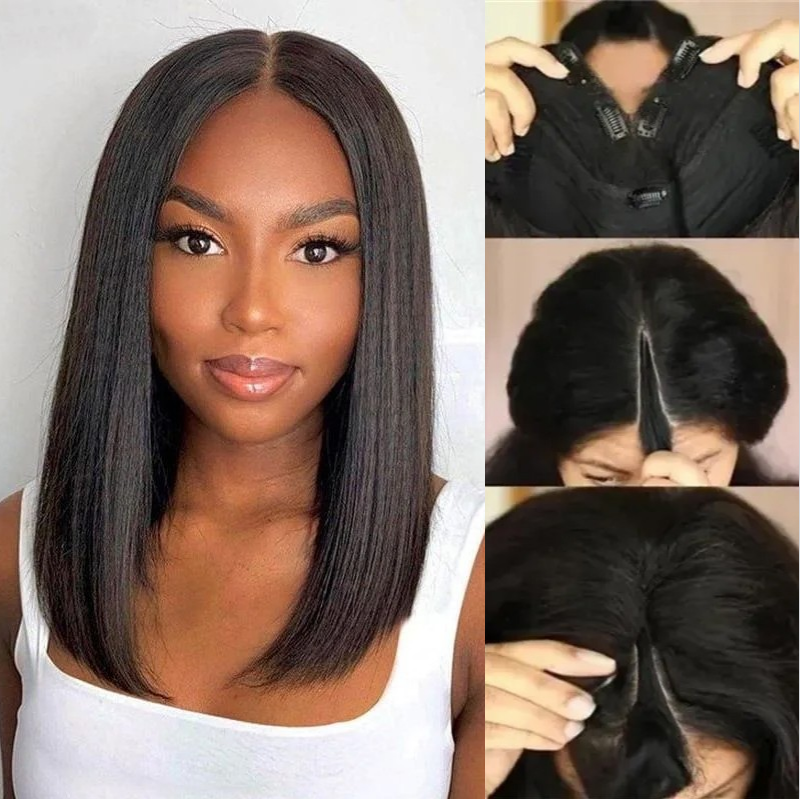 

Nadula V Part Short Bob Human Hair Wig 5 Inch Deep Part Wear And Go Wig Glueless Straight Bob Wig 150% Density