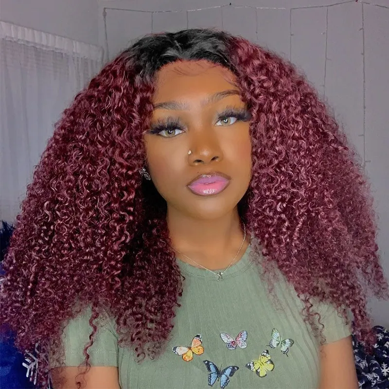 

Nadula Glueless V Part Jerry Curly Wig 99J Burgundy Red Color With Dark Roots Beginner Friendly