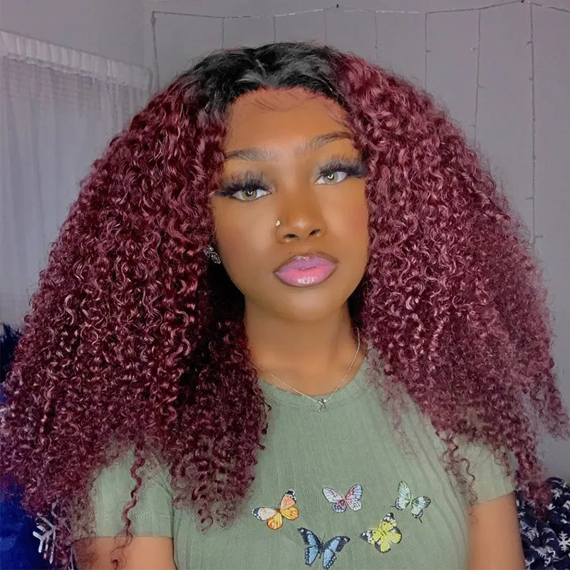 

Nadula Flash Deal Glueless V Part Jerry Curly Wig 99J Burgundy Red Color With Dark Roots Beginner Friendly
