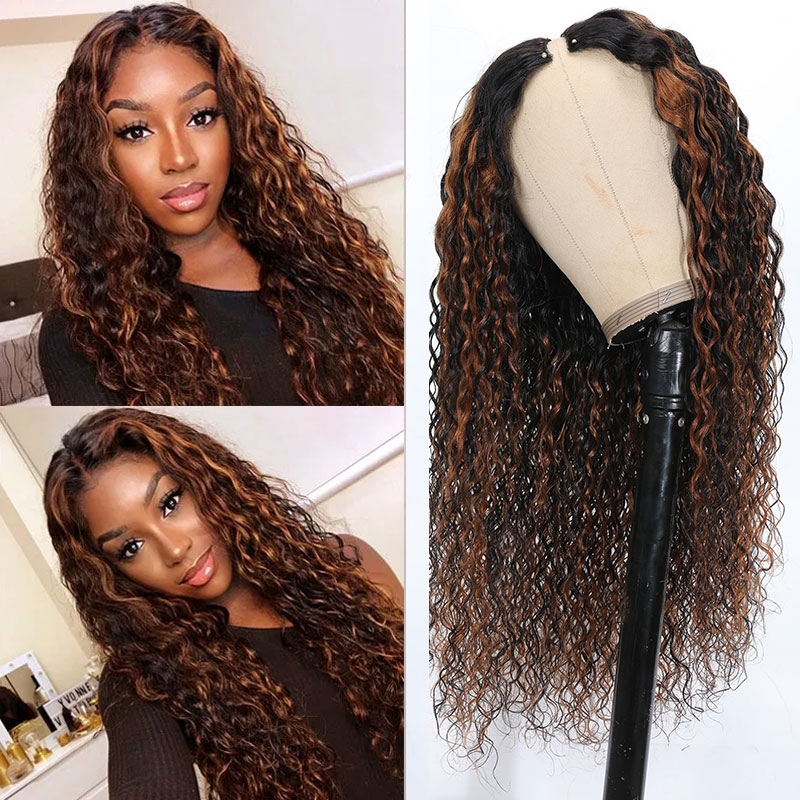 

Nadula 20 Inch Water Wave Balayage Human Hair Lace Wig Glueless V Part Human Hair Wig Beginner Friendly