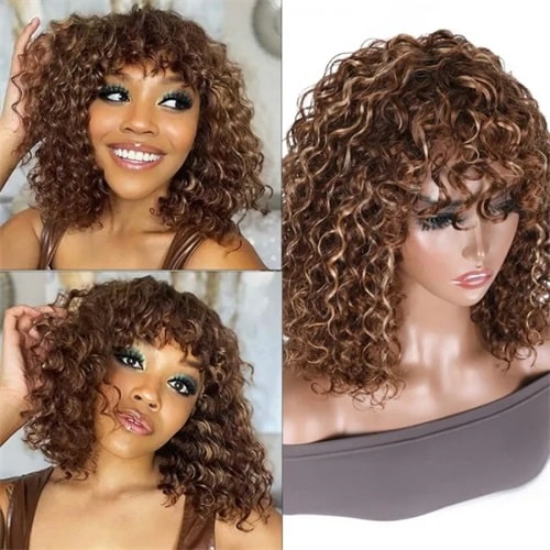 Brown Balayage bouncy curl human hair wig