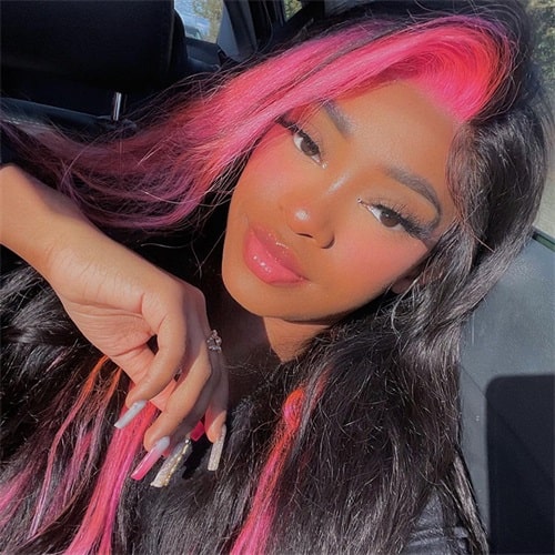 Pink skunk stripe hair