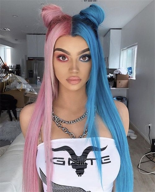 Split dye hair is a fashionable style that involves splitting hair in the middle and dyeing each half a different color