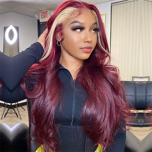 Red skunk stripe hair with y2k hairstyle