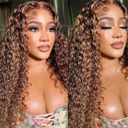 13*4 brown highlight lace frontal water wave wig