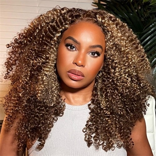 pre-cut lace 4c kinky curly honey blonde highlight wigs