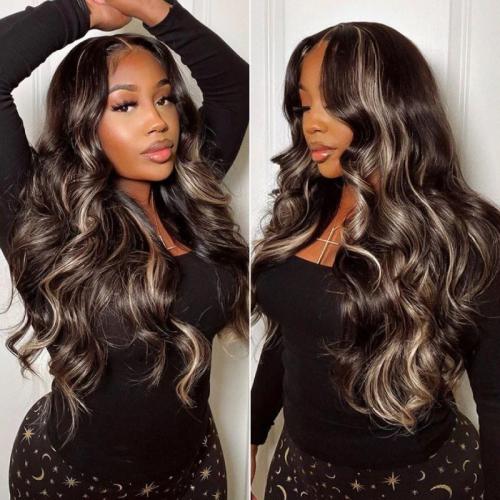 pre-cut lace black with blonde highlight body wave wig