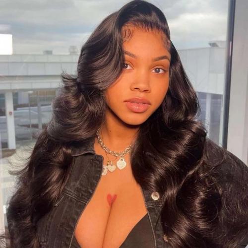body wave lace front wig with bangs