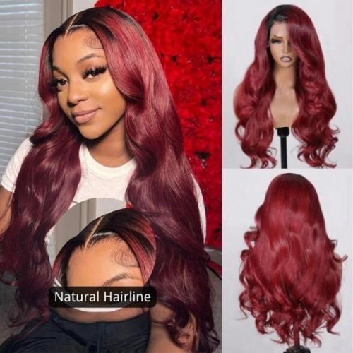burgundy red with dark roots body wave wig