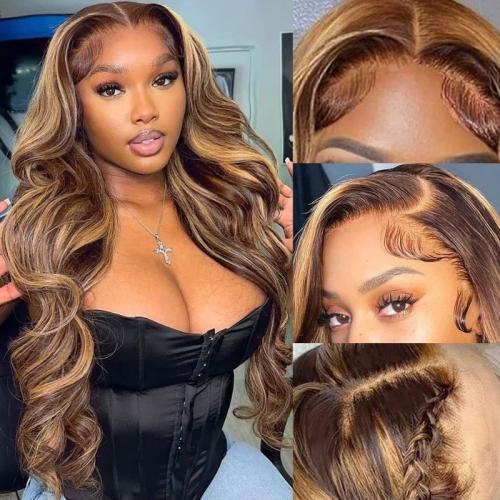 honey blonde highlight body wave wig