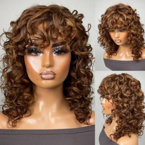 wolf cut curly brown highlight wig