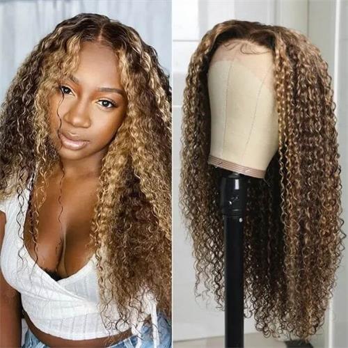 Highlight Brown Curly Lace Front Wigs Honey Blonde Highlight Ombre Wig Human Hair 150% Density TL412 Color