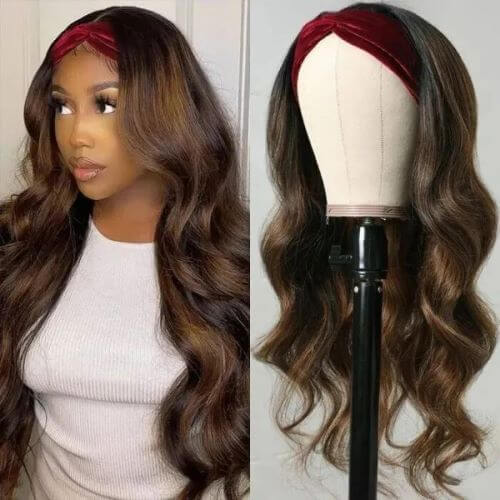 Highlight Rich Brown Body Wave Headband Wigs