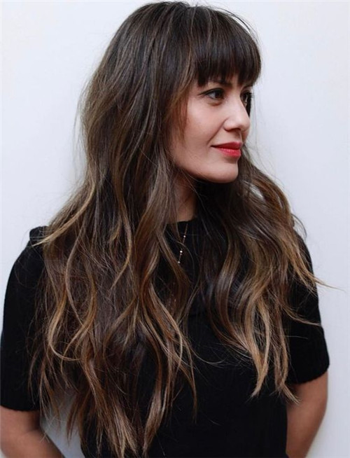 deep brown balayage with bangs