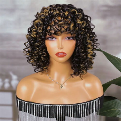 Nadula Glue Less Short Bob Wig with Bangs Golden Blond Highlight Curly Wig