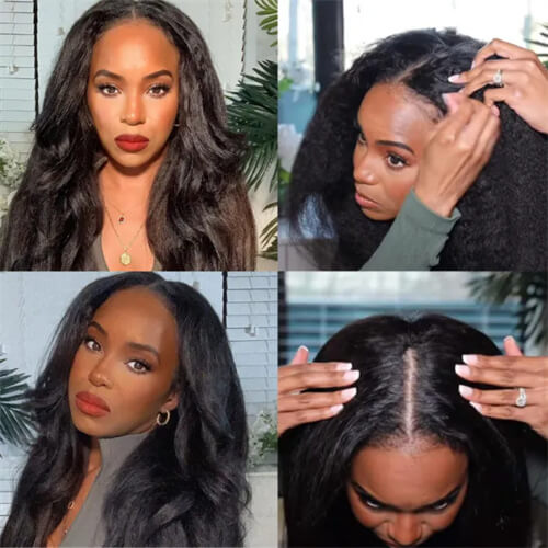 V Part Kinky Straight Human Hair Wigs