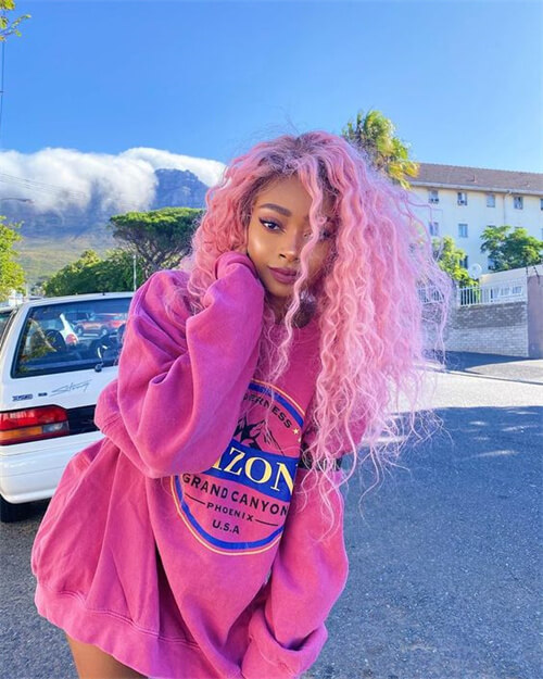 pink curly wig